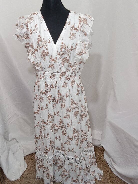 J Gee Dresses & Skirts - NWT J Gee Maxi Dress Size L White Brown Floral Cottagecore Smocked Boho Flutter